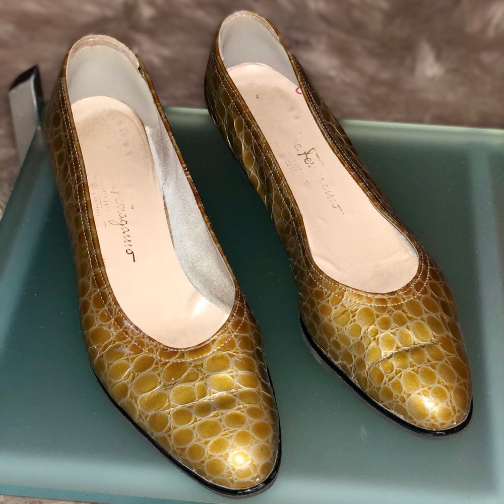 Salvadore Ferragamo Patent Croc Olive/Gold Wedge